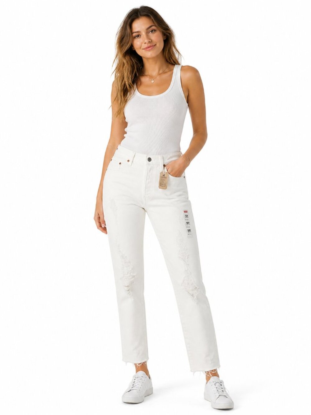 Levis 501 Jeans 28x30 White Straight Leg Distressed Raw Hem Classic Denim